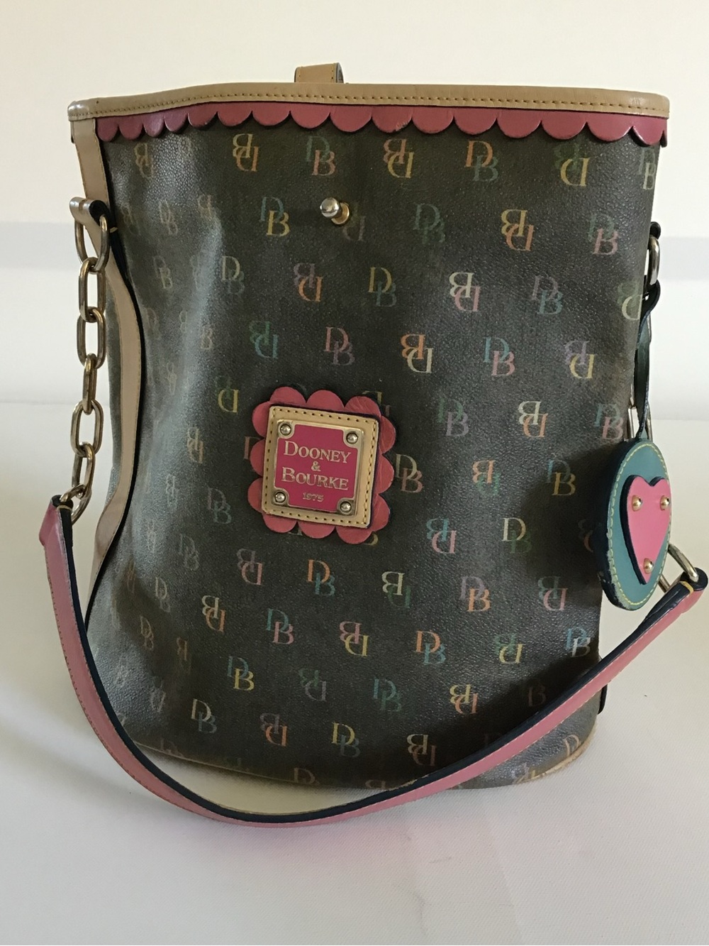 Dooney & Bourke Multicolor Monogram Scalloped Bucket Crossbody Bag Heart Charm